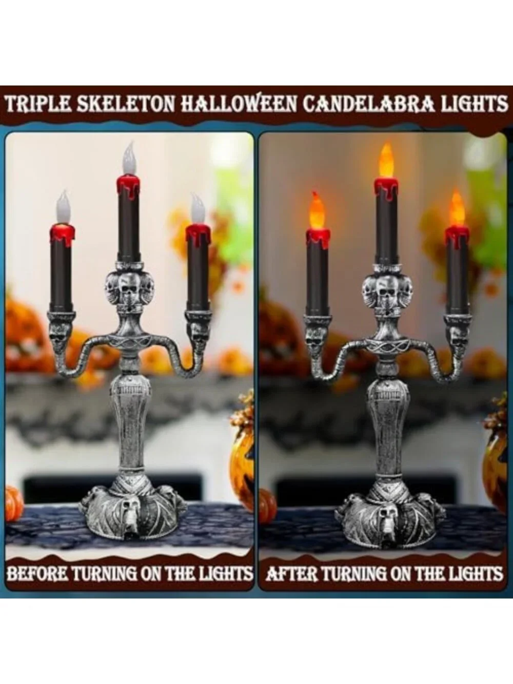 Extra Large 2-Pack LED Flameless Candelabra Halloween Candle Holders - Spooky